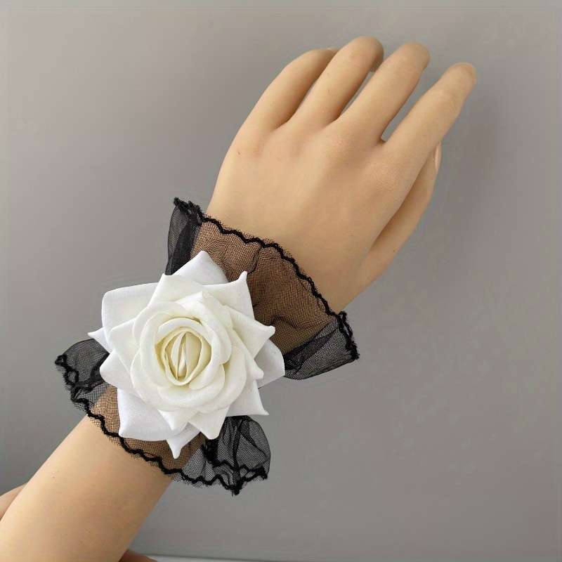 1 Pair Black Lace Rose Wrist Gloves