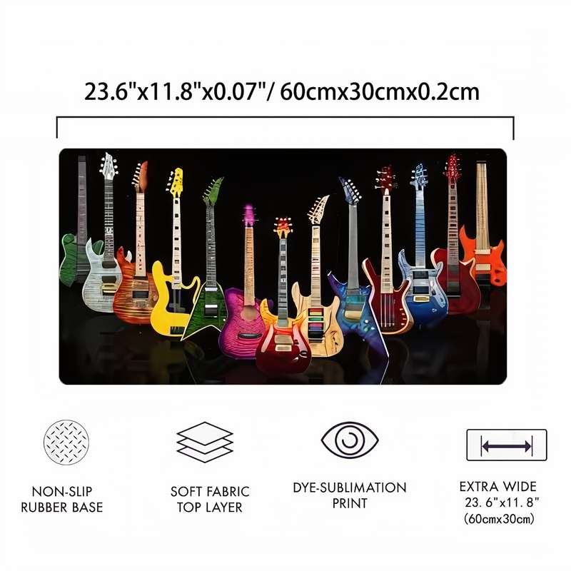 1pc Large Electric Guitar-Themed Mouse Pad Waterproof Non-Slip Rubber Base with Stitched Edges f