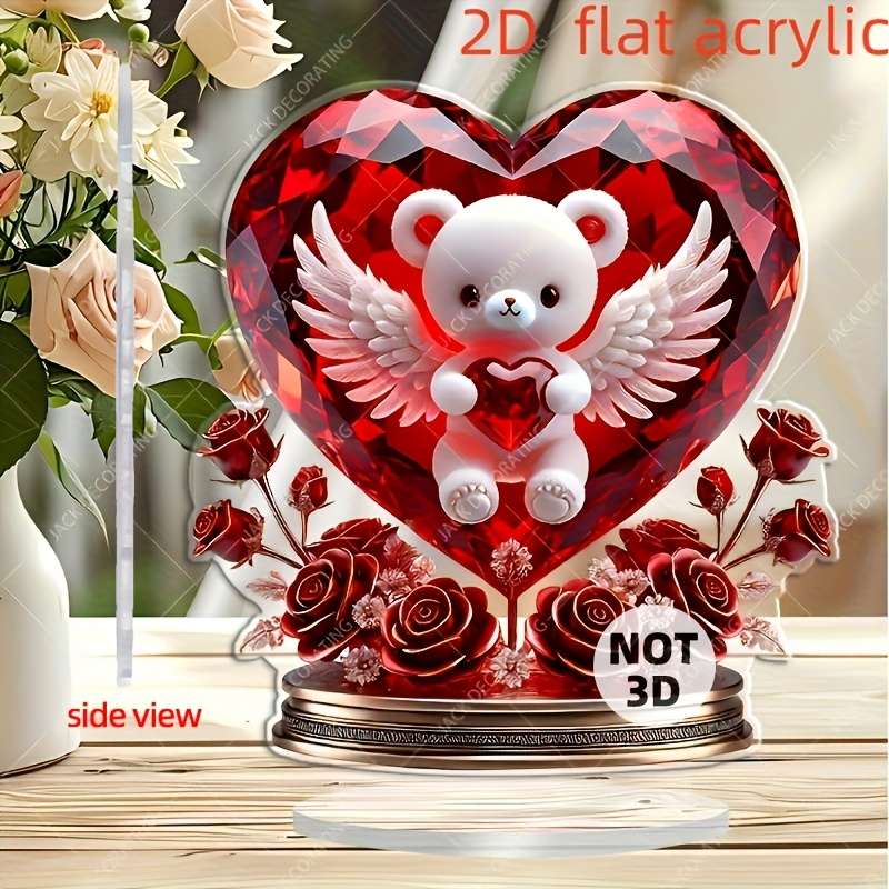1pc 2D Flat  Charming Crystal Bear Heart Decoration  Desktop Decor Suitable for Home and Valen