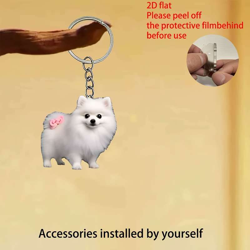 1pc 2D Flat   Acrylic White Dog Keychain Car Mirror Charm Cute Pomeranian Design with Pi