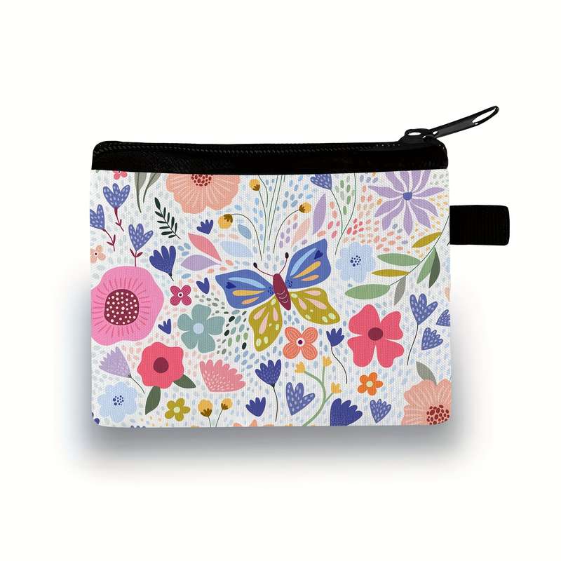1pc Elegant Butterfly Floral Print Compact Purse for Girls Casual Polyester Coin Key Card Ho