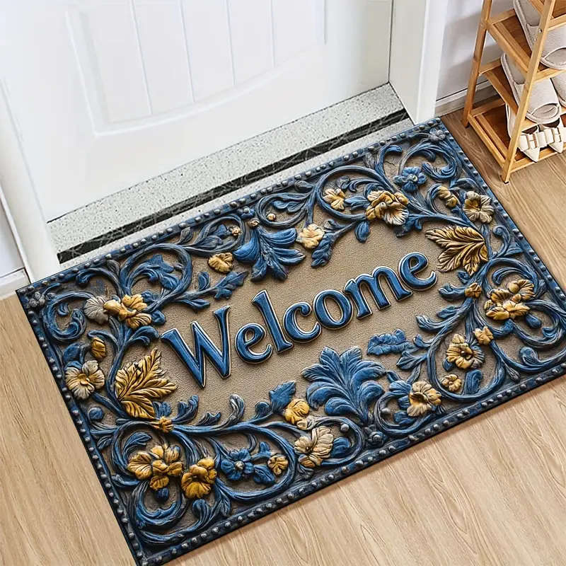 1pc Chic Abstract Line Welcome Doormat Botanical Pattern Non-Slip Machine Washable Polyester Rug