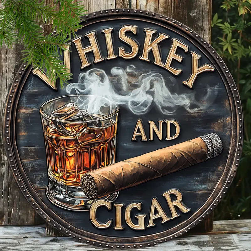 1pc 3D Painted Rustic Wooden Round Sign Whiskey and Cigar Artistic Decorative Wall Art Unframed Clas