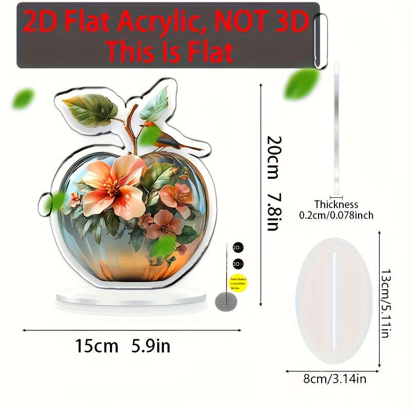 1pc 2D Flat   Boho Style Acrylic Apple Decorative Figurine with Floral and Bird Design Versatil