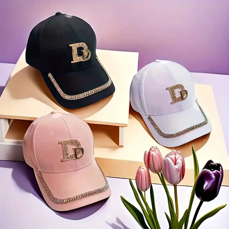 1pc Stylish Black Baseball Cap with Golden Letter D Rhinestone Trim Adjustable Toggle