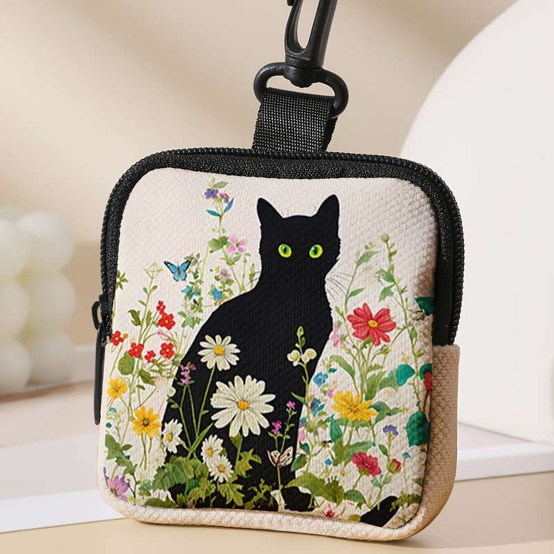 1pc Chic Black Cat Floral Print Coin Purse Spacious Polyester Wallet with Key Holder Ideal Gif