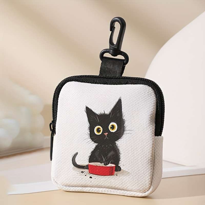 1pc 1-Pack Polyester Coin Purse with Cute Waiting Cat Print Large Capacity Zippered Pouch for Head