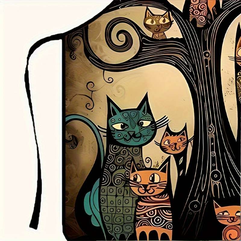 1pc Colorful Cartoon Cat Print Polyester Apron Sleeveless Durable Kitchen Cleaning Bib