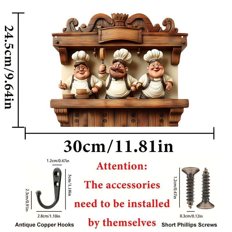 2D Flat 1pc Restaurant Chef Happy Partner Simple Colorful Wooden and Home Key Hanger with Four Me