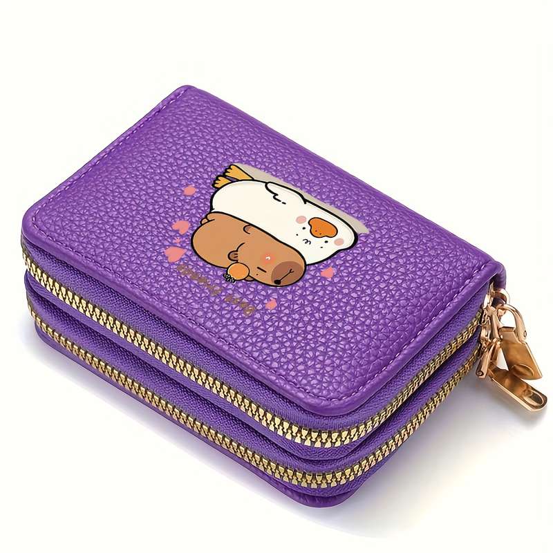 1pc DEABOLAR Cute Capybara Double Zipper Wallet Pink Faux Leather Credit Card Holder with "Be