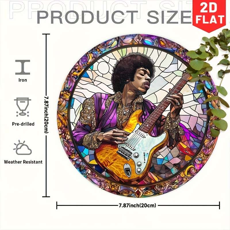 1pc 2D Flat Vintage Guitarist Metal Wall Art 19.99cm Round Iron Sign with Stained Glass Design