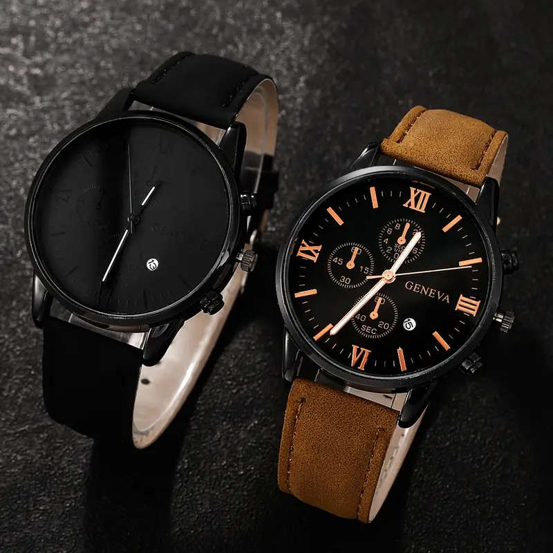 2-Piece Luxury Men's Leather Strap Quartz Watch Set with Calendar  Perfect Gift