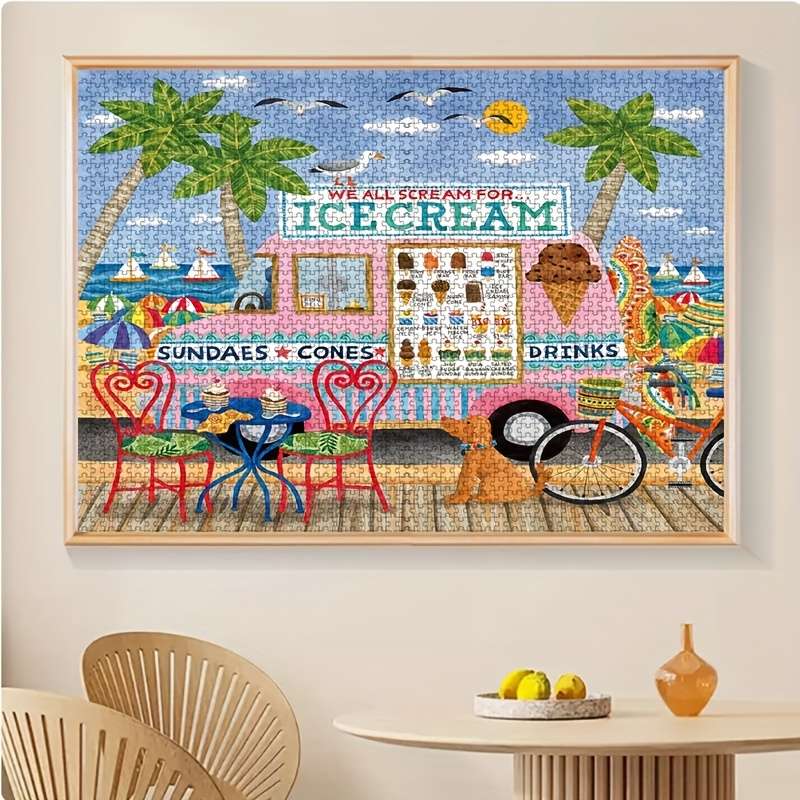 1000pcs Jigsaw Puzzle for Adults Vibrant Beach Scene with Ice Cream Truck Palm Tre
