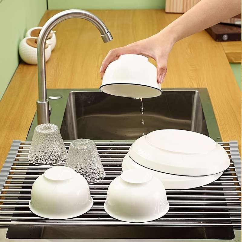 1pc Stainless Steel Foldable Kitchen Sink Drain Rack Food Safe Space Saving Strainer And Dis