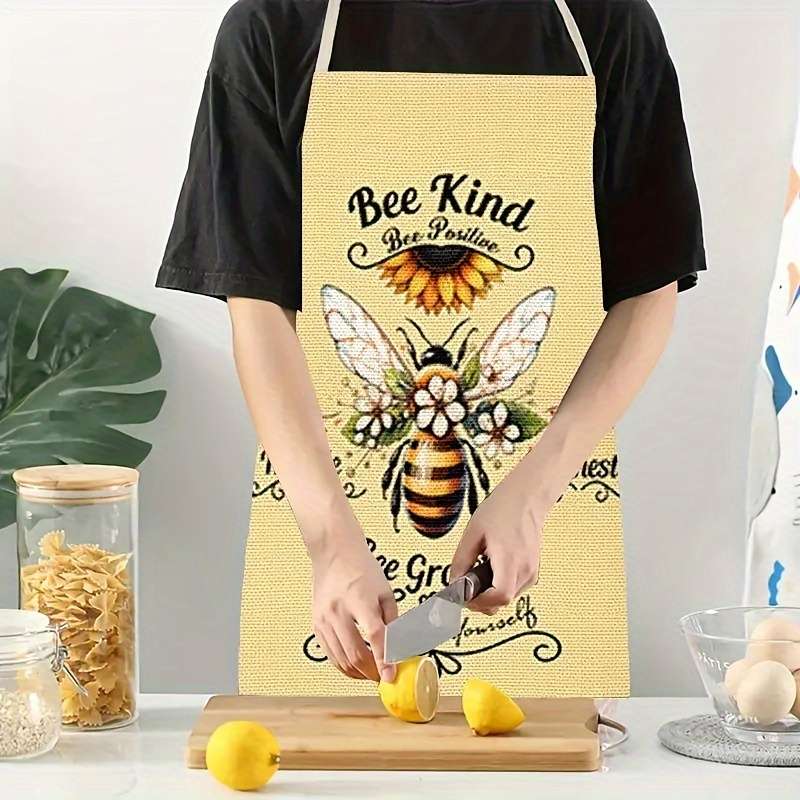 Set of 1 Bee-Themed Linen Apron Sleeveless Cooking Apron with Positive Affirmations Print Wov