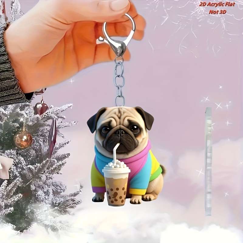 1pc 2D Flat  Acrylic Pug Keychain with Boba Tea Dual-Sided Cartoon Dog Charm 5cm 1.94 Inches I