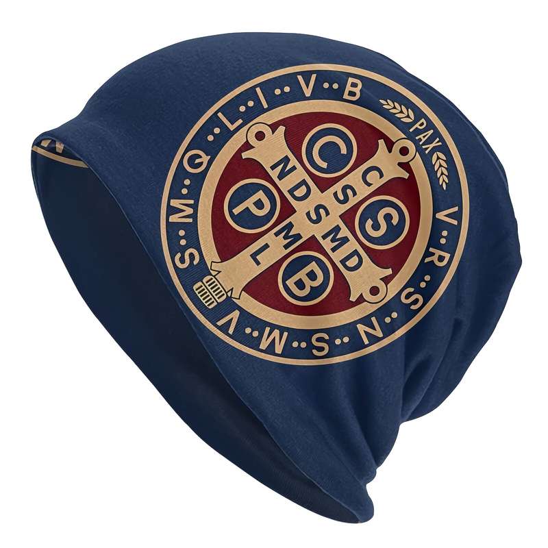 1pc Men's Saint Benedict Medal Print Skull Cap Royal Style Polyester Knit Beanie with Elastane Str