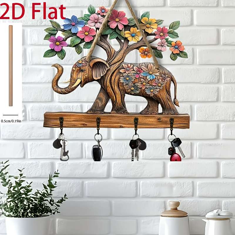 2D Flat 1pc Floral Elephant Simple Colorful Wooden and Home Key Hanger with Four Metal Hooks 2D Fl