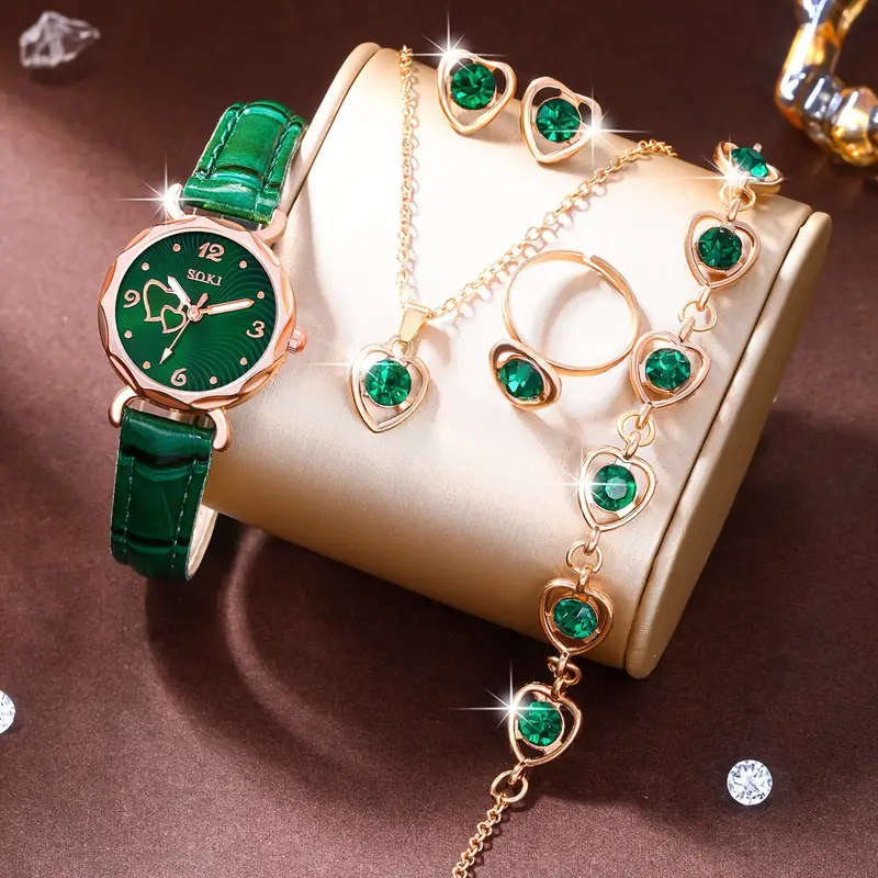 1pc Ladies Fashionable Casual Quartz Watch with Peach Shaped Dial and 5pcs Heart Necklace Earrings