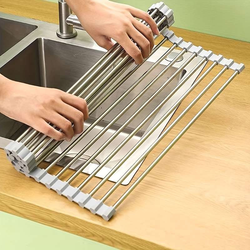 1pc Stainless Steel Foldable Kitchen Sink Drain Rack Food Safe Space Saving Strainer And Dis