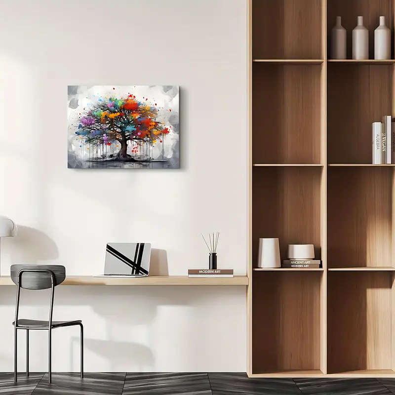 1pc Room Decor Colorful Tree of Life Canvas Wall Art Wooden Framed Vibrant Abstract Print Bachelor P