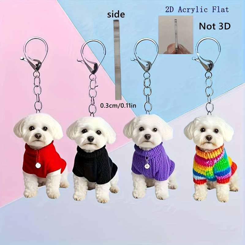 1pc 2D Flat  Acrylic Flat Bichon Frise Keychain Adorable Dog Sweater Design Perfect for Bags Car Key