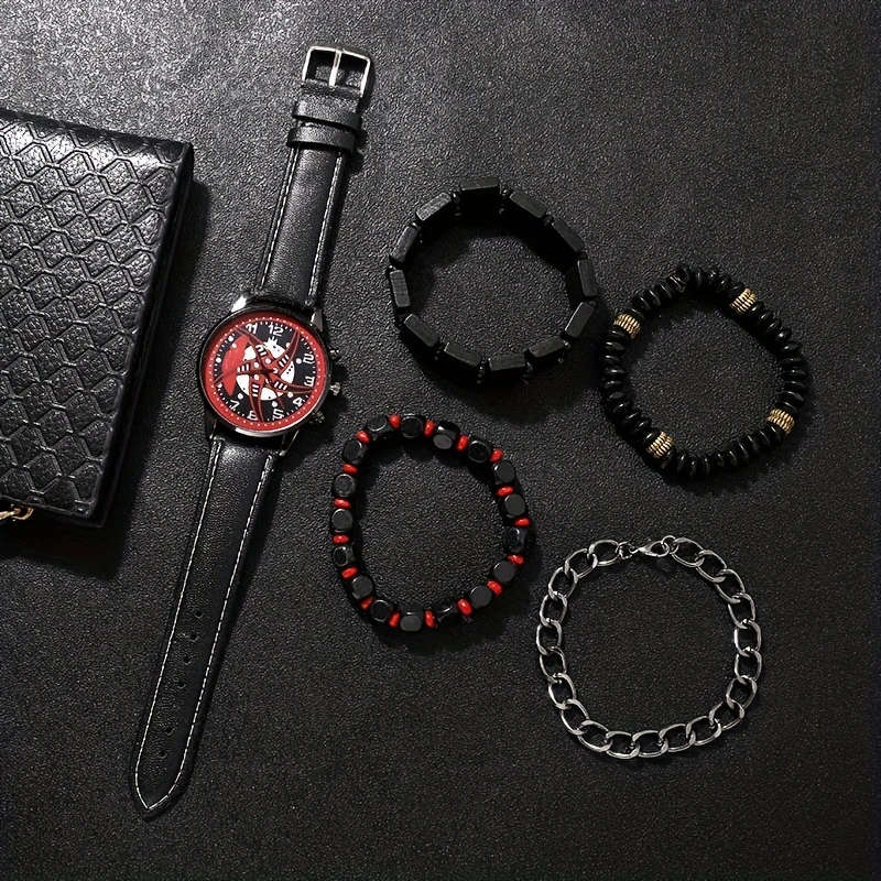 5pcs set Men's Fashion Red Black Quartz PU Leather Watch And Bead Bracelet Set Gift For Him