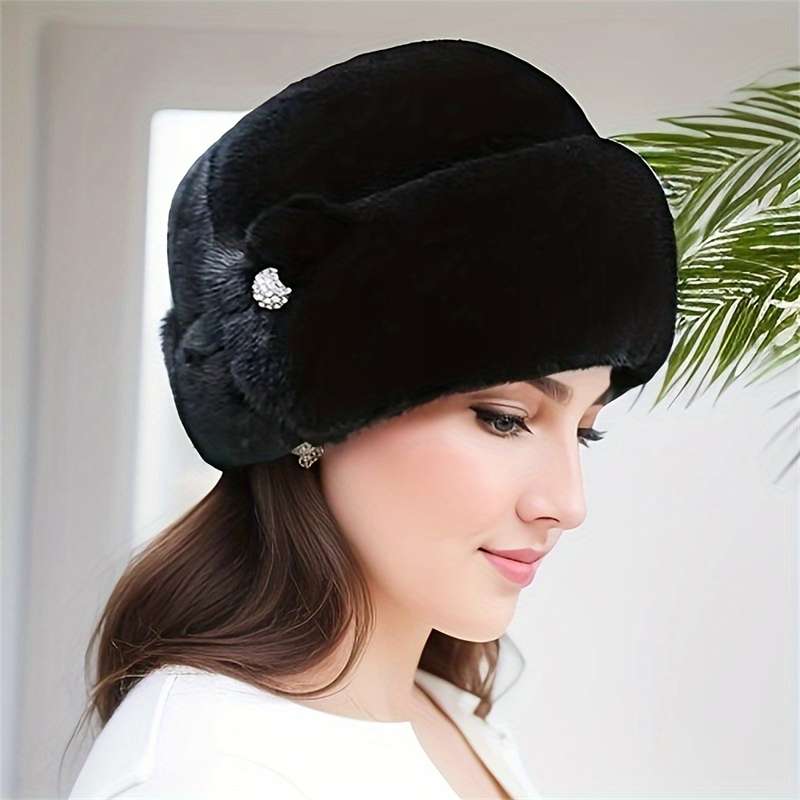 1pc Winter Warmth Faux Fur Elastic Fit Hat One Women's Ear-warming Knitted Solid Color Hat Poly