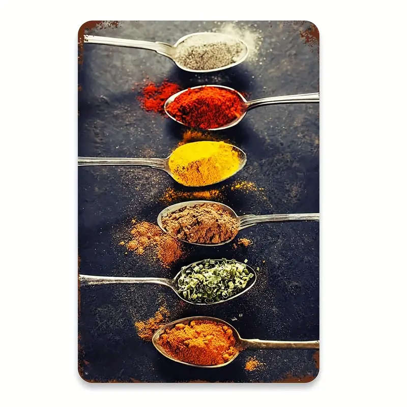 1pc Vintage Kitchen Spice Poster Spoon Metal Tin Sign Rectangular Aluminum Wall Art for Home Restaur