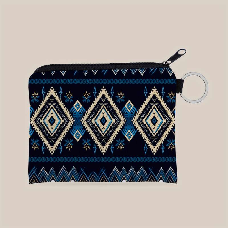 1pc SWEET Aztec Pattern Compact Purse Blue Black Geometric Design Zippered Small Wallet wi