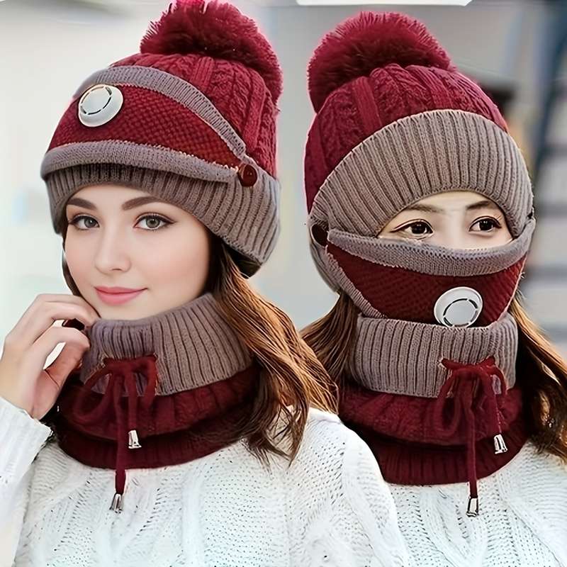 1pc Mask Hat Scarf Women's Autumn and Winter Knitted Hat Thickened and Fleece Warm Ear Protect