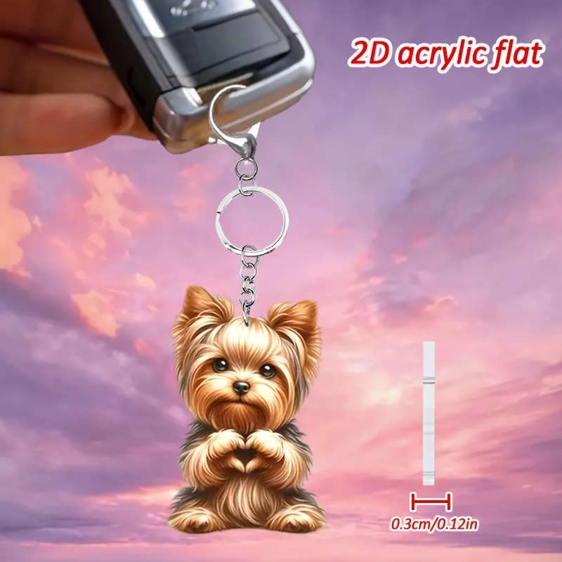 1pc 2D Flat   Cute Yorkshire Terrier Love Heart Pattern Keychain Novel Acrylic Design Key Chain