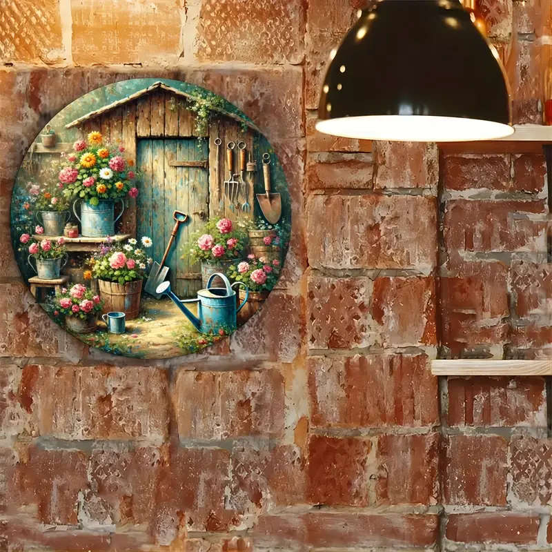 1pc Vintage Floral Garden Shed Round Metal Sign Aluminum Foil Engraving Wall Decor for Cafe Garage F