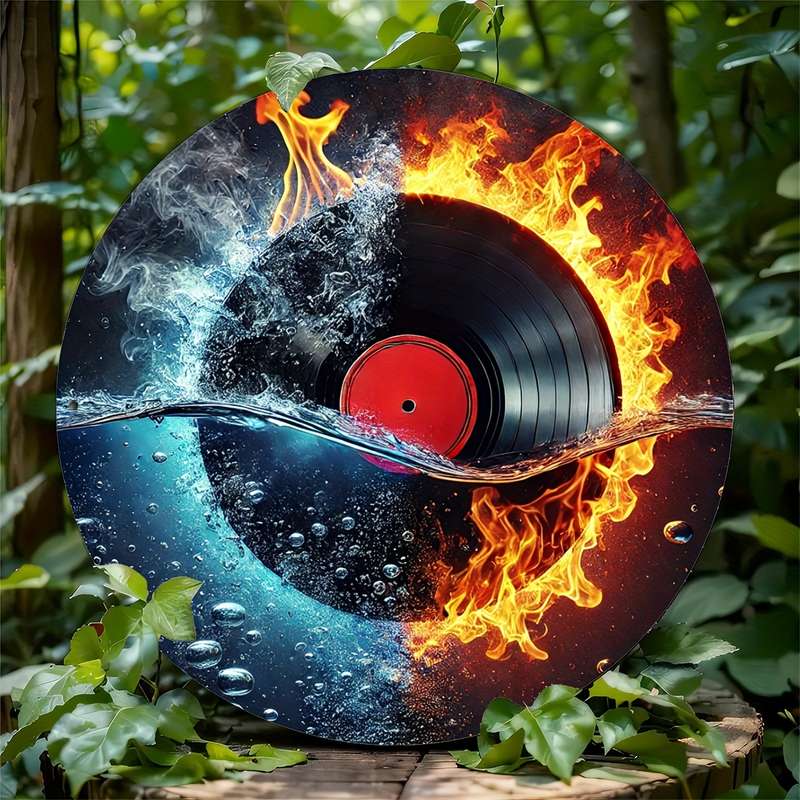 1pc 20cm Fire and Water Vinyl Record Themed Metal Sign Art Set Durable Iron Retro Music Wall Deco