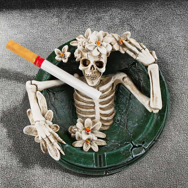 1pc New Flowering Skull Ashtray Desktop Storage Resin Crafts Desktop Decoration Home Office Des