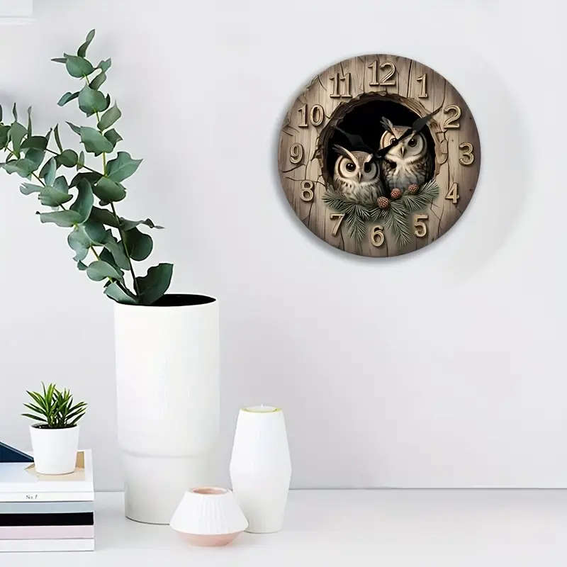 1pc Chic Silent Owl Wall Clock Round Wooden Decorative Timepiece for Living Room Bedroom Office Batt