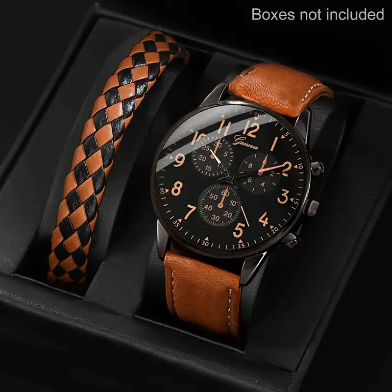 Men Watch 2pcs Set Men's Casual Quartz Wristwatch with Khaki Faux Leather Strap