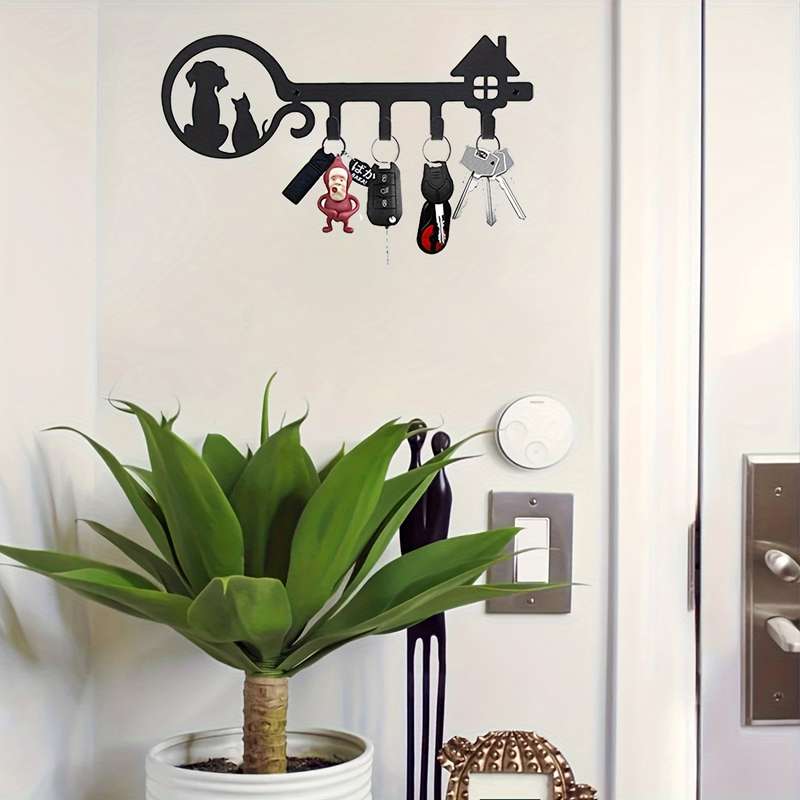 1pc Decorative Black Metal Key Holder 11-inch Cat And Dog Silhouette 4 Hooks Wall Mount