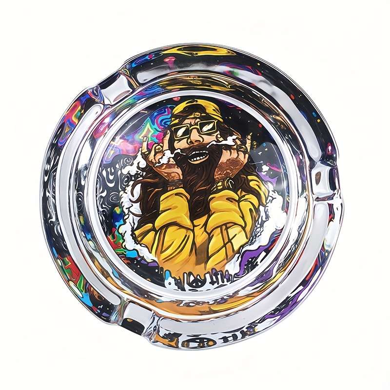 1pc 85mm Round Glass Ashtray with Vibrant Psychedelic Art Design Durable Transparent Ideal for