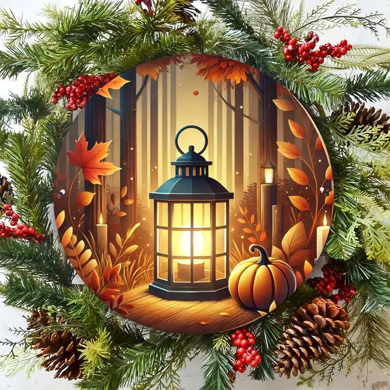 1pc Autumn Lantern Aluminum Wall Art 20.32cm Round Durable Easy-to-Clean Metal Poster for Home Bedro