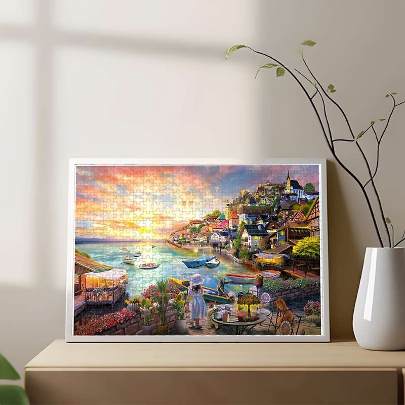 1000pcs Premium Jigsaw Puzzle for Adults Vibrant Coastal Harbor Scene with Boats