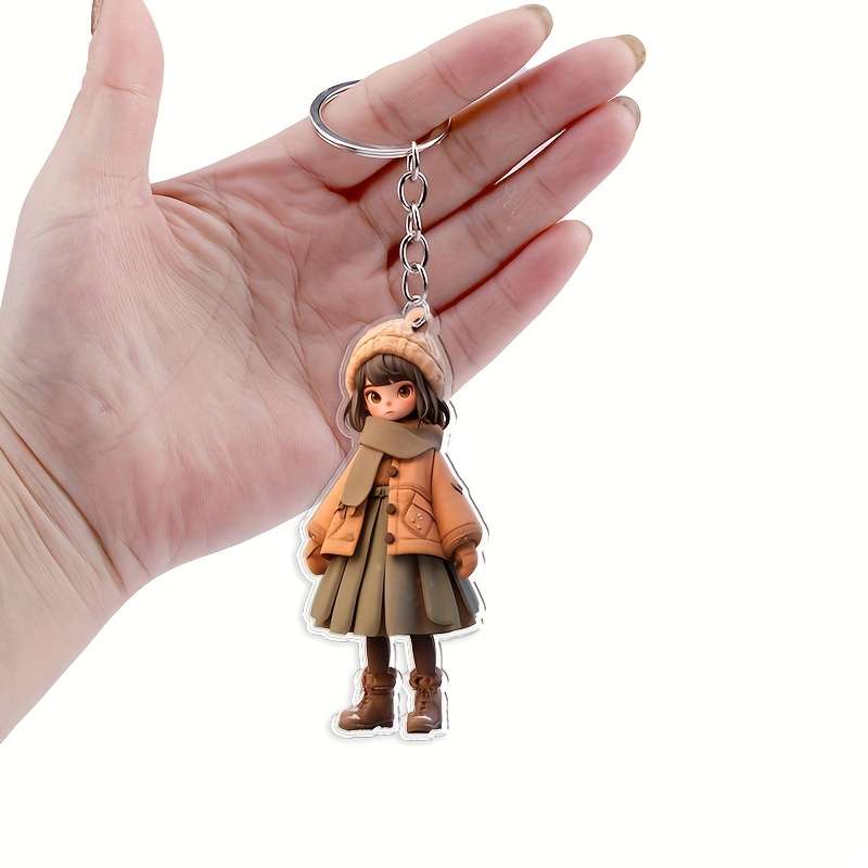 1pc 2D Flat Acrylic Trendy Winter Cartoon Female Keychain Pendant