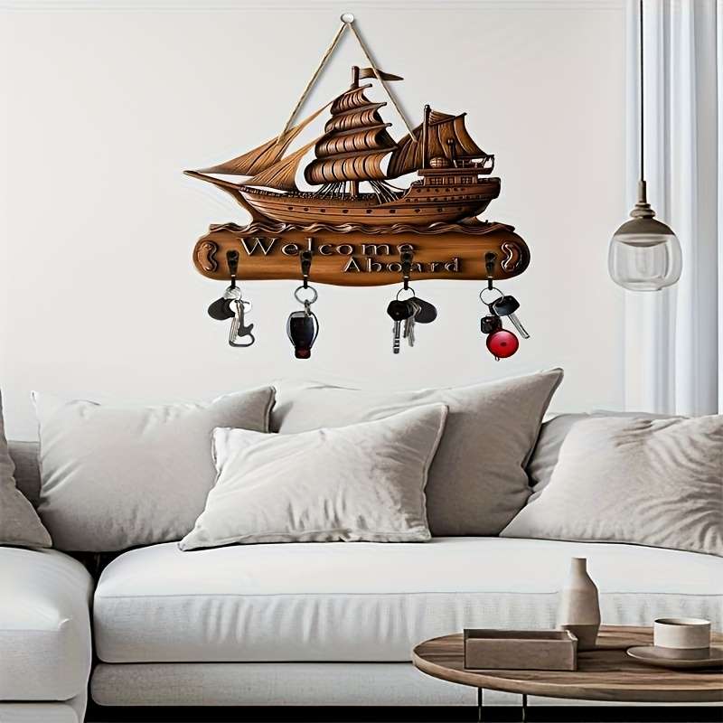 1pc sailboat sailing theme home wooden key hanger key storage with hooks multi-functional artisti