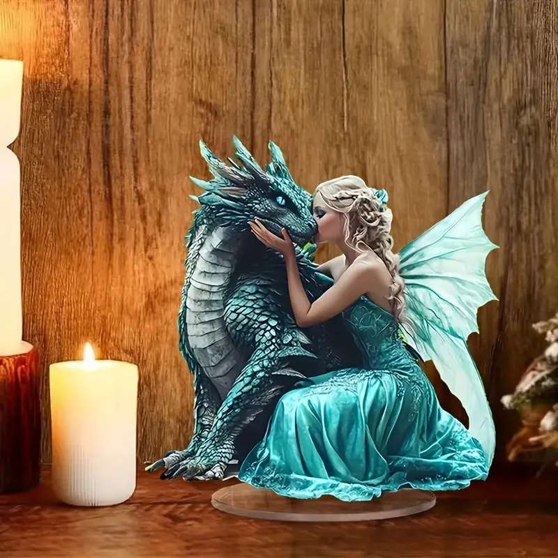 1pc 2D Flat Bohemian Style Acrylic Decorative Plaque Fantasy Elegant Dragon and Fairy Figurine Versa