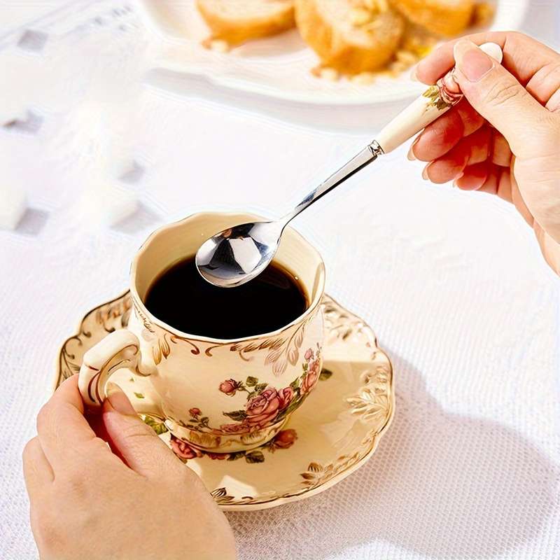 6pcs OUKEAI Stainless Steel Coffee Spoons with Floral Ceramic Handles Elegant Mixing Serving
