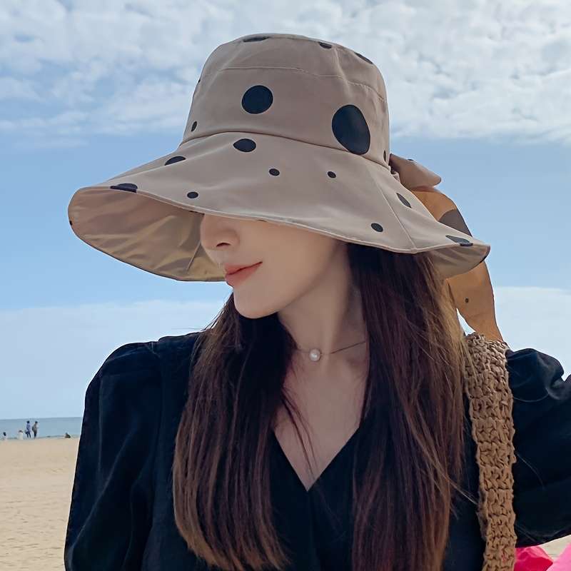 1pc Stylish Polka Dot Summer Sun Hat Wide Brim UV Protection Bucket Hat for Women Yellow wit
