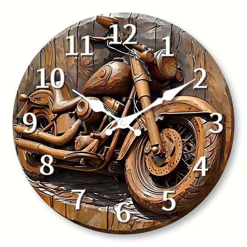 1pc Vintage Motorcycle Wooden Wall Clock Silent Japanese Quartz Movement Round Battery-Operated Wood