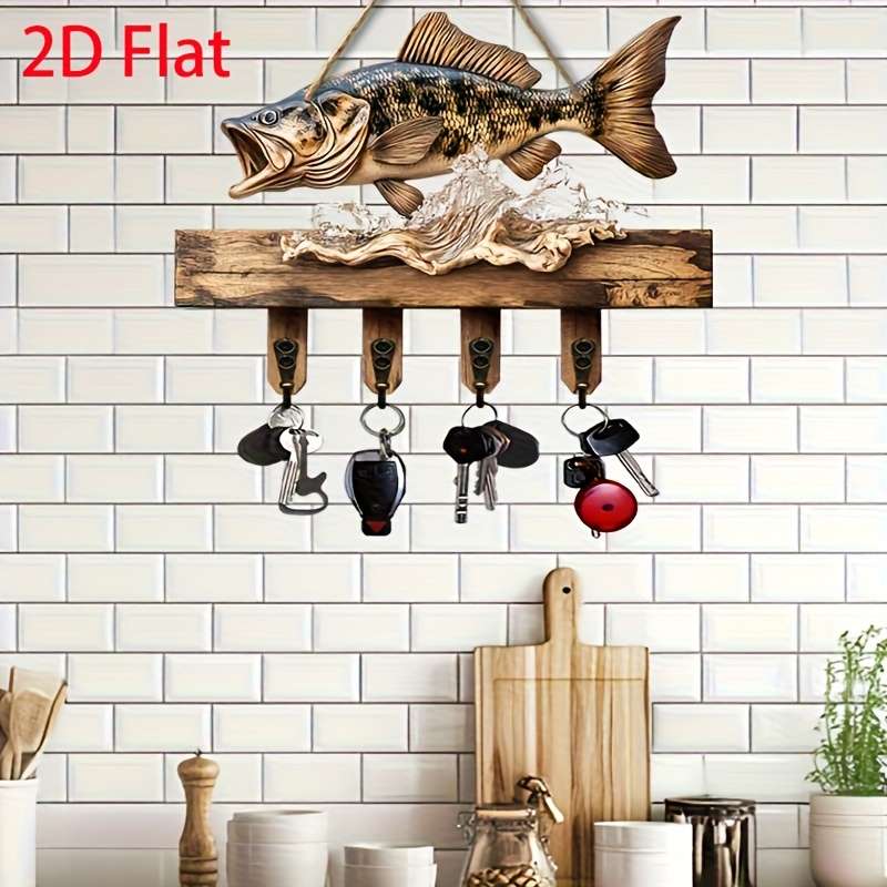 1 2D Jumping Fish Hook Decorative Rack Simple Colorful Wooden Home Key Hanger with Four Metal Hooks
