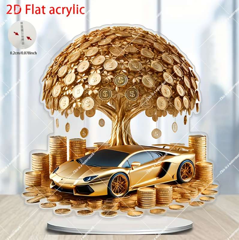 1pc 2D Flat  Acrylic Golden Tree Car Wall Art Bohemian Style  Design No Battery Needed