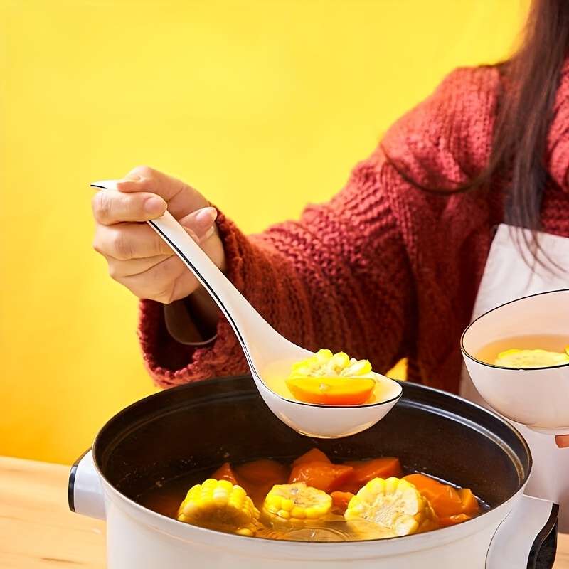 2pcs Ceramic Soup Spoons with Long Handle Large Capacity Ergonomic Design for Kitchen Dinin